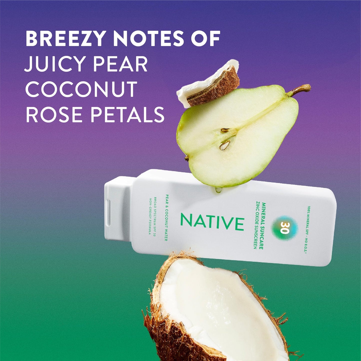 Native Mineral Sunscreen Lotion SPF 30, Pear & Coconut Water Scent, with 100% Mineral Zinc Oxide for Face & Body, Hawaii Compliant, Vegan, No White Beauty and Personal Care Native