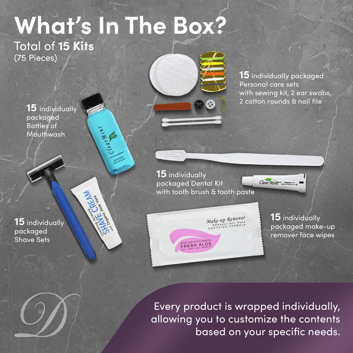 Personal Care Travel Toiletries | 1-Shoppe Amenities Kit | Travel Shaving Set, Toothbrush & Paste, Mouthwash, Makeup Wipes, Swabs, Nail File & Sewing