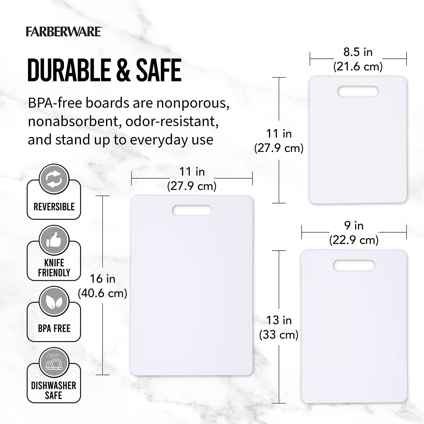 Farberware Plastic Cutting Board Set, Dishwasher- Safe Poly Chopping Board for Kitchen with Easy Grip Handles, Set of 3, White