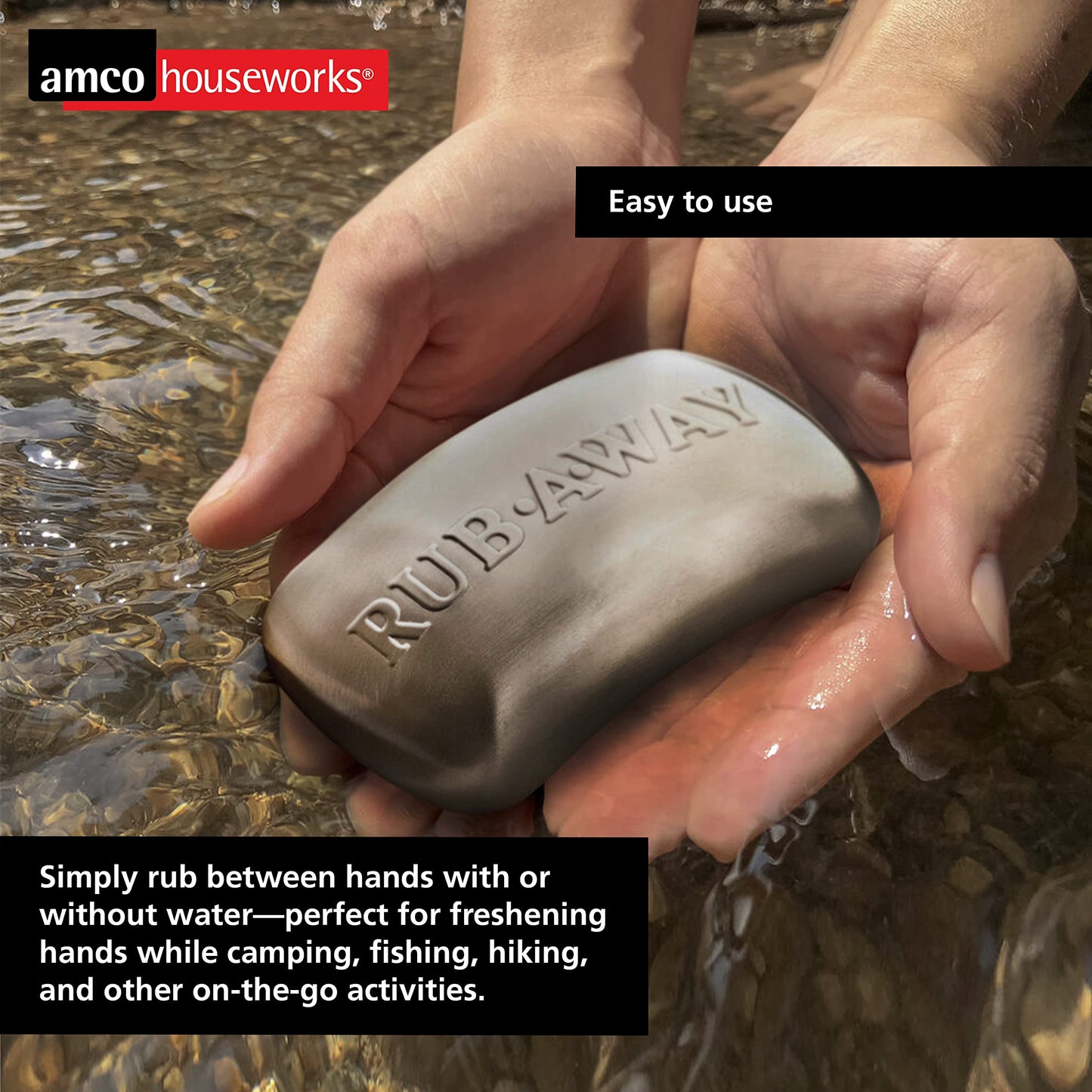 Amco Rub Away Bar, Stainless Steel Odor Absorber (4" x 2.25") - Dishwasher Safe Kitchen & Outdoor Essential for Garlic, Onion, Fishing, Hiking Odors