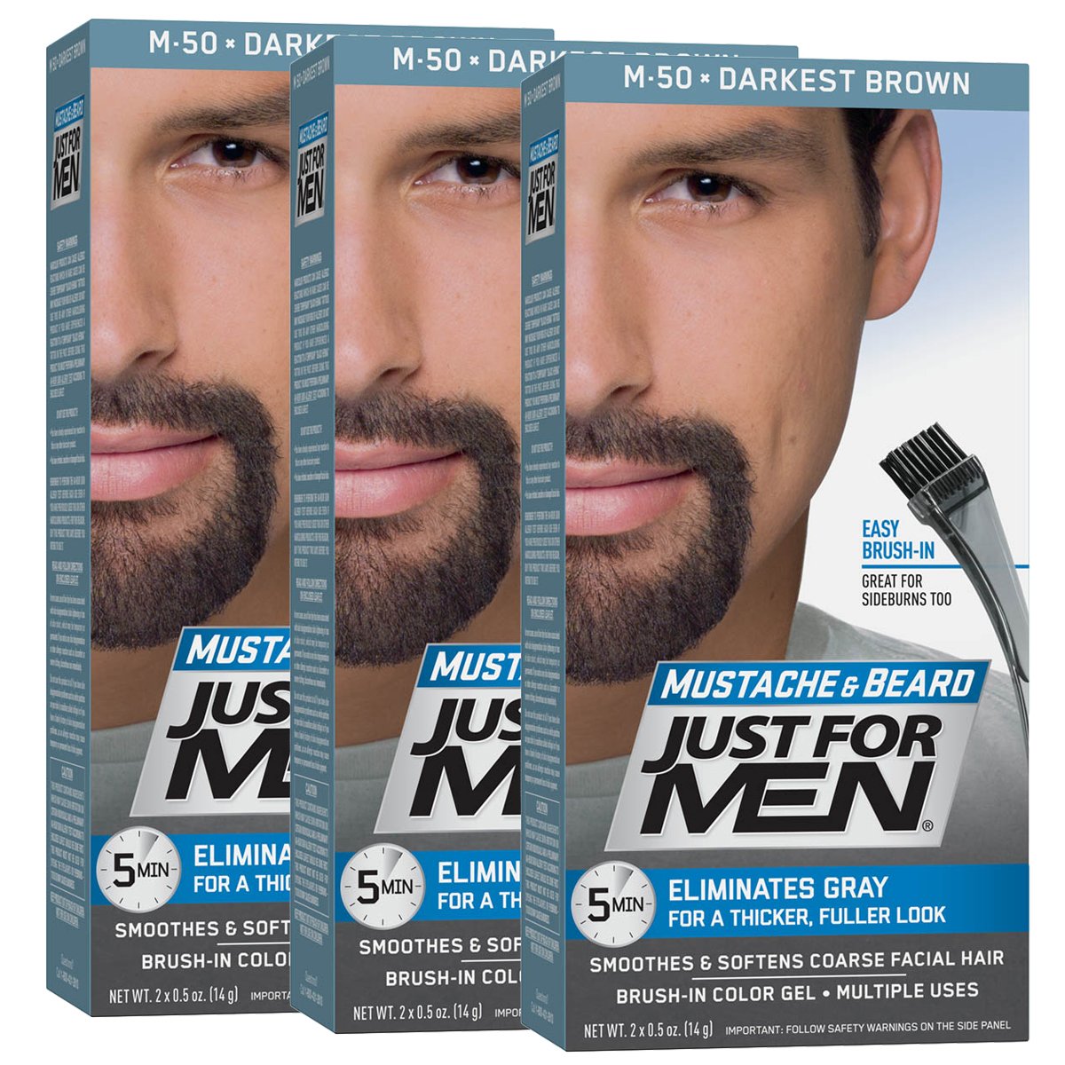 Just for Men Mustache and Beard Brush-In Color Gel, Darkest Brown (Pack of 3)