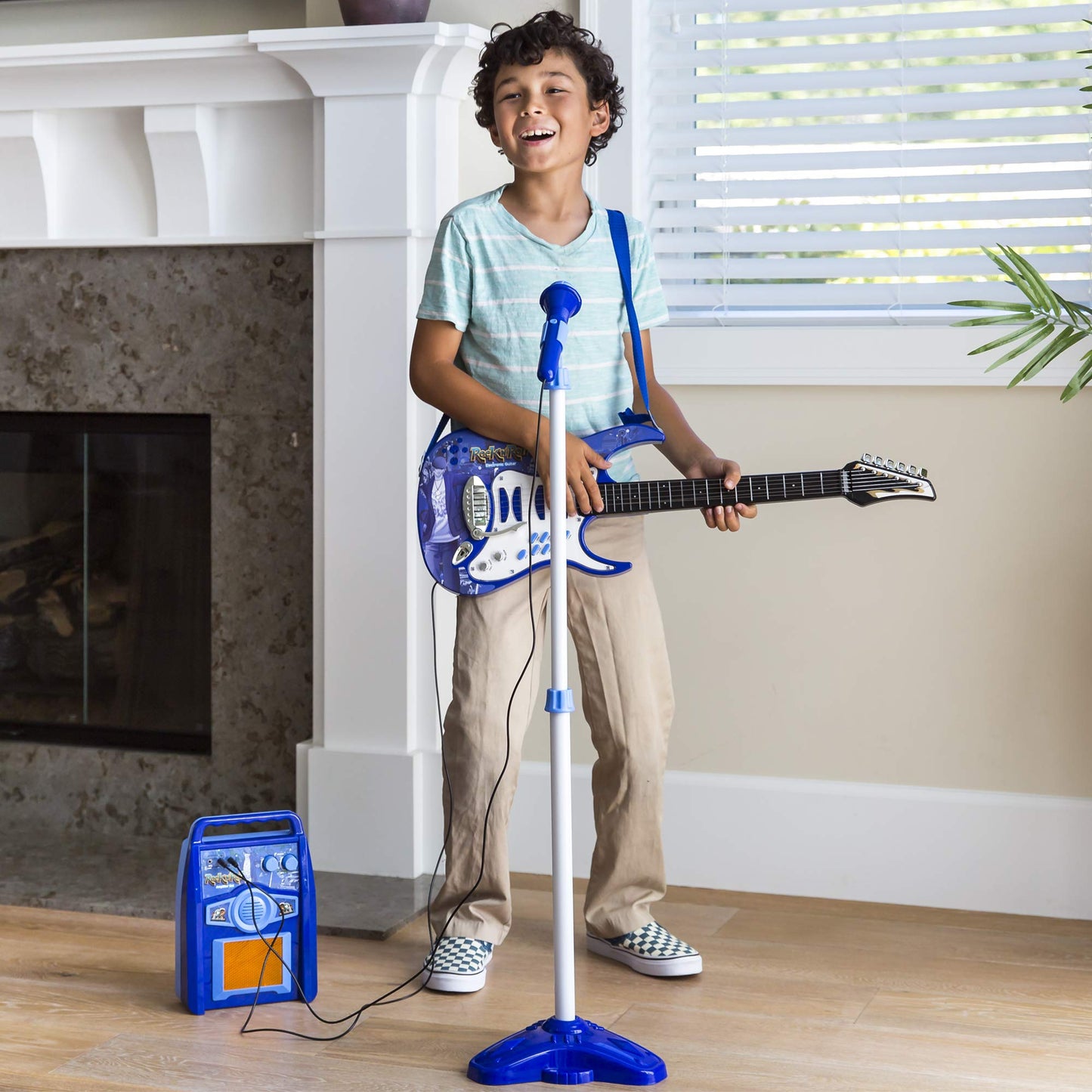 Best Choice Products Kids Electric Guitar Play Set – Toy Starter Kit with Mic, Amp, AUX, Whammy Bar, 6 Songs & Stickers – Blue