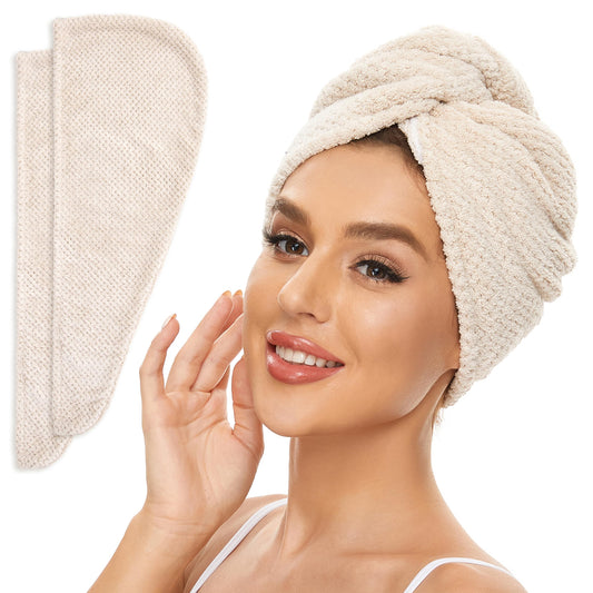 SimpleField 2 Pack Microfiber Hair Towel Wrap for Women, Anti Frizz Quick Drying Hair Turban for All Hair Style, Absorbent and Lightweight (Beige) Beauty and Personal Care SimpleField Default Title
