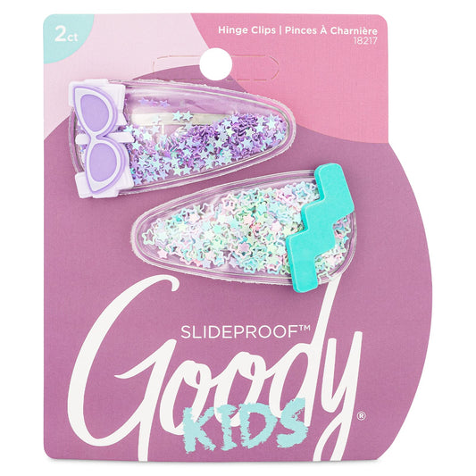 Goody Kids Slideproof Hair Snap Clips - 2 Count, Nostalgia Glitter - Just Snap Into Place - Hinge Clips Suitable for All Hair Types - Pain-Free Hair