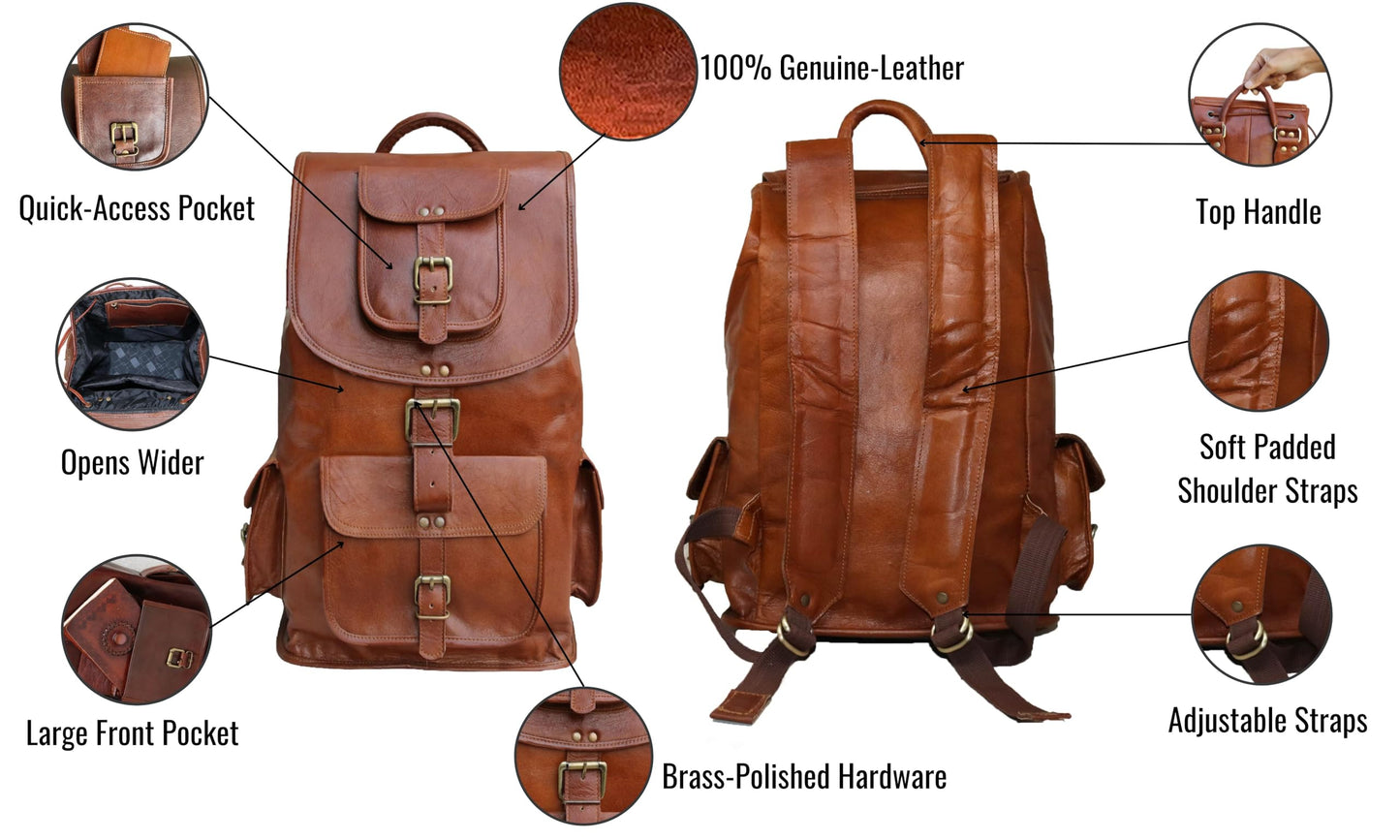 Jaald 18" Leather Laptop Backpack Vintage Rucksack Daypack College Bag School Picnic Bag Full Grain Leather
