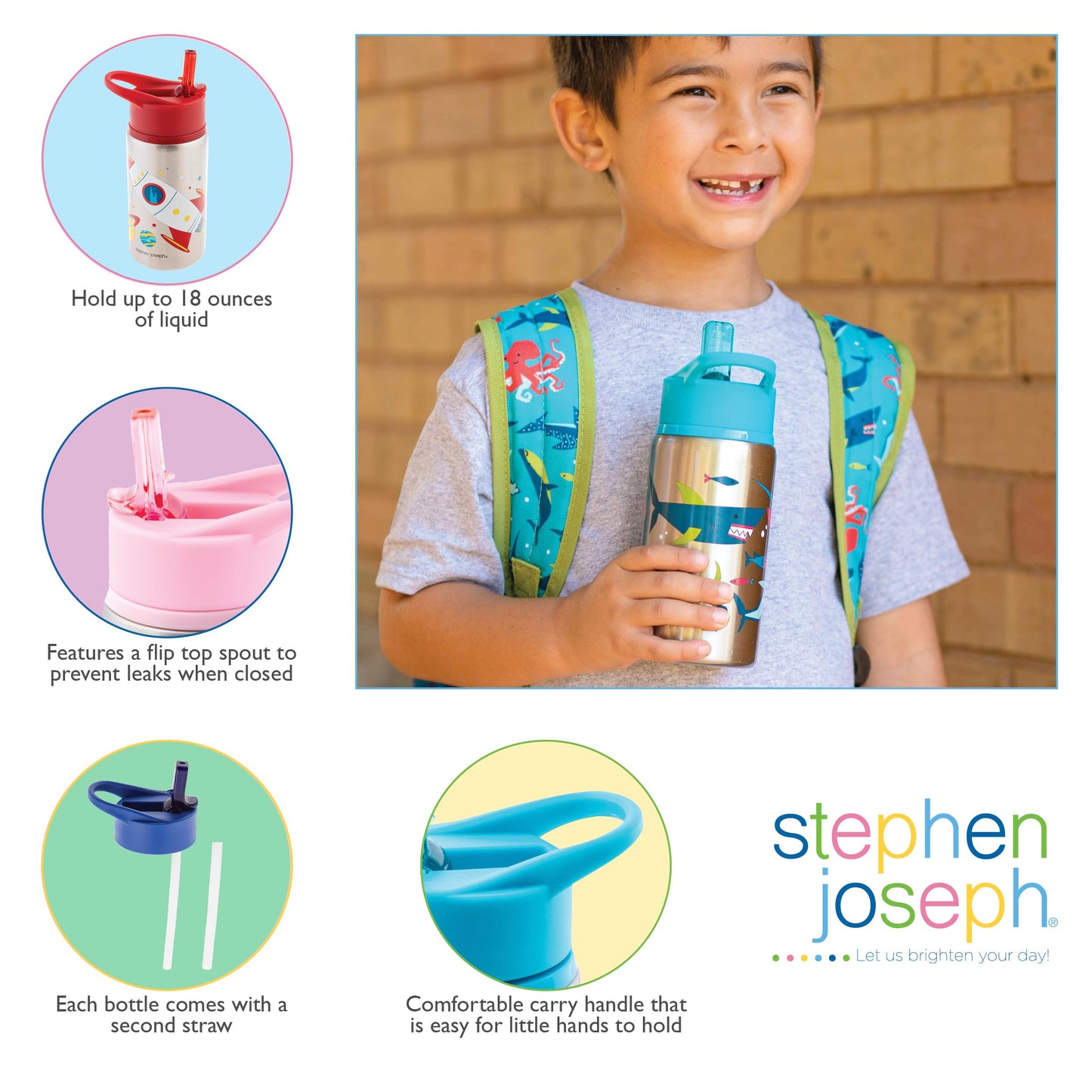 Stephen Joseph Stainless Steel Water Bottles, 18 OZ, Straw lid, Reusable tumbler, Insulated, Rainbow