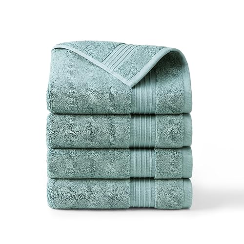 Town & Country Everyday 4-Piece Solid Dobby Border Hand Towel Set, 20x30-Inch, 100% Cotton, Plush & Absorbent 650GSM, Aqua Blue