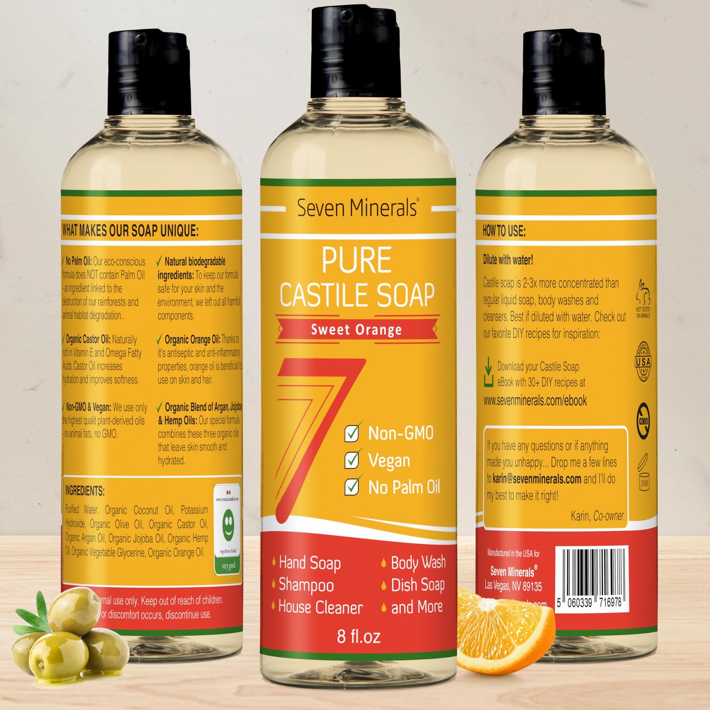 Seven Minerals Pure Castile Soap, Rosemary - No Palm Oil, GMO-Free - Gentle Liquid Soap For Sensitive Skin & Baby Wash - All Natural Vegan Formula Beauty and Personal Care Seven Minerals