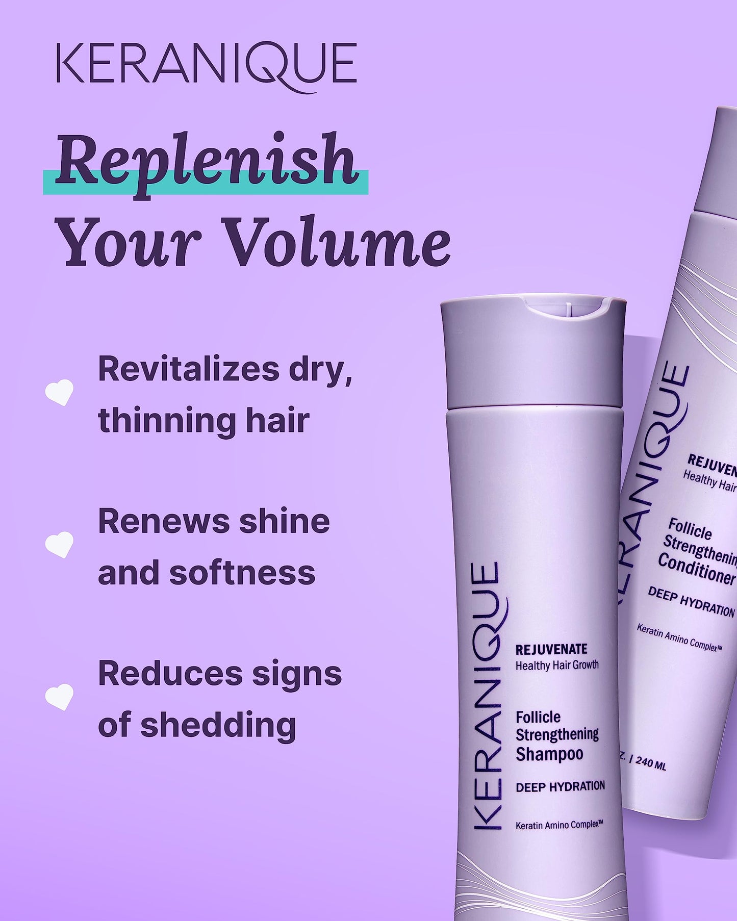 Keranique Deep Hydration Shampoo and Conditioner Set for Dry, Thinning Hair - Keratin, Biotin & Niacinamide - Moisturizing, Strengthening & Volumizing