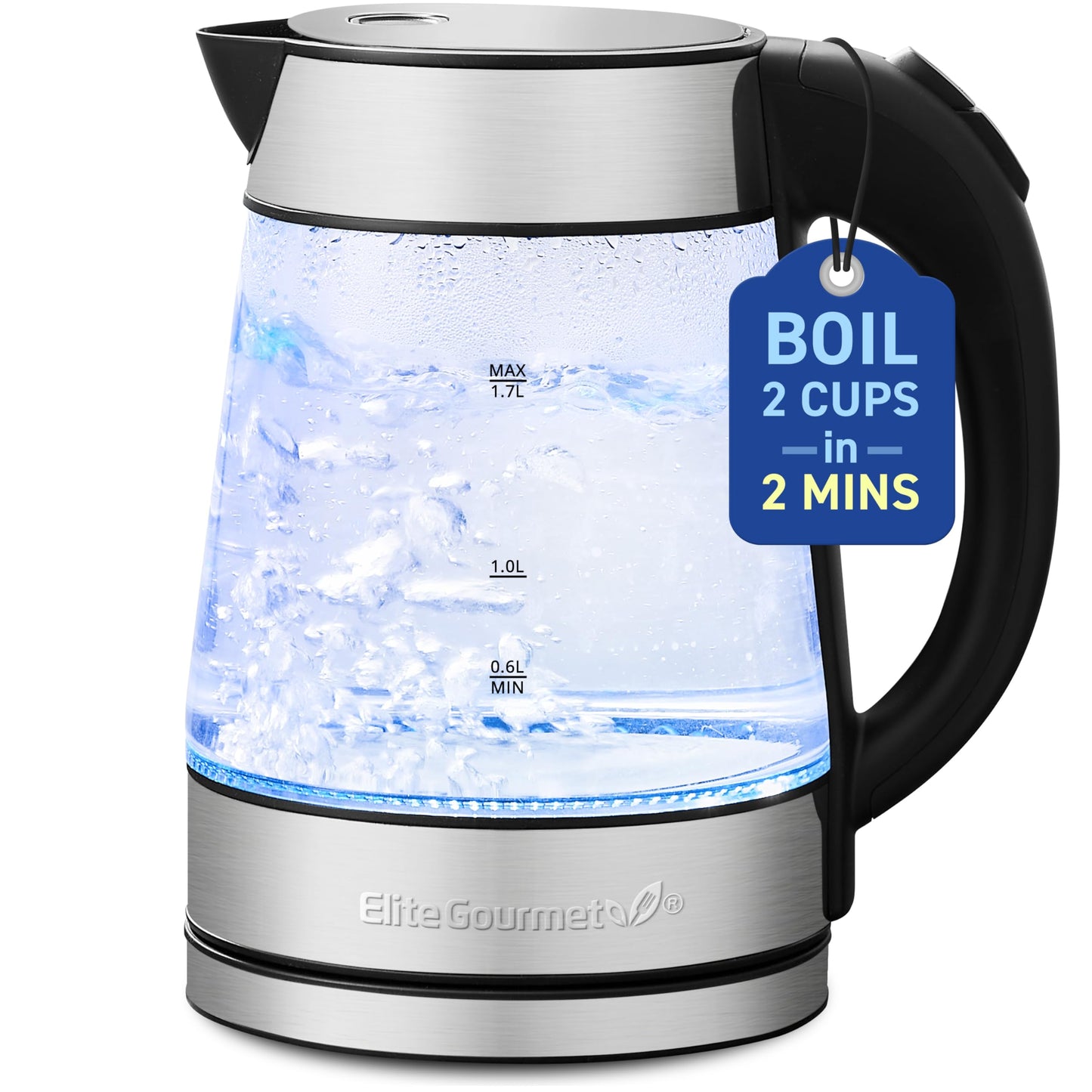 Elite Gourmet EKT-602 Electric BPA-Free Glass Kettle, Cordless 360° Base, Stylish Blue LED Interior, Handy Auto Shut-Off Function - Quickly Boil…