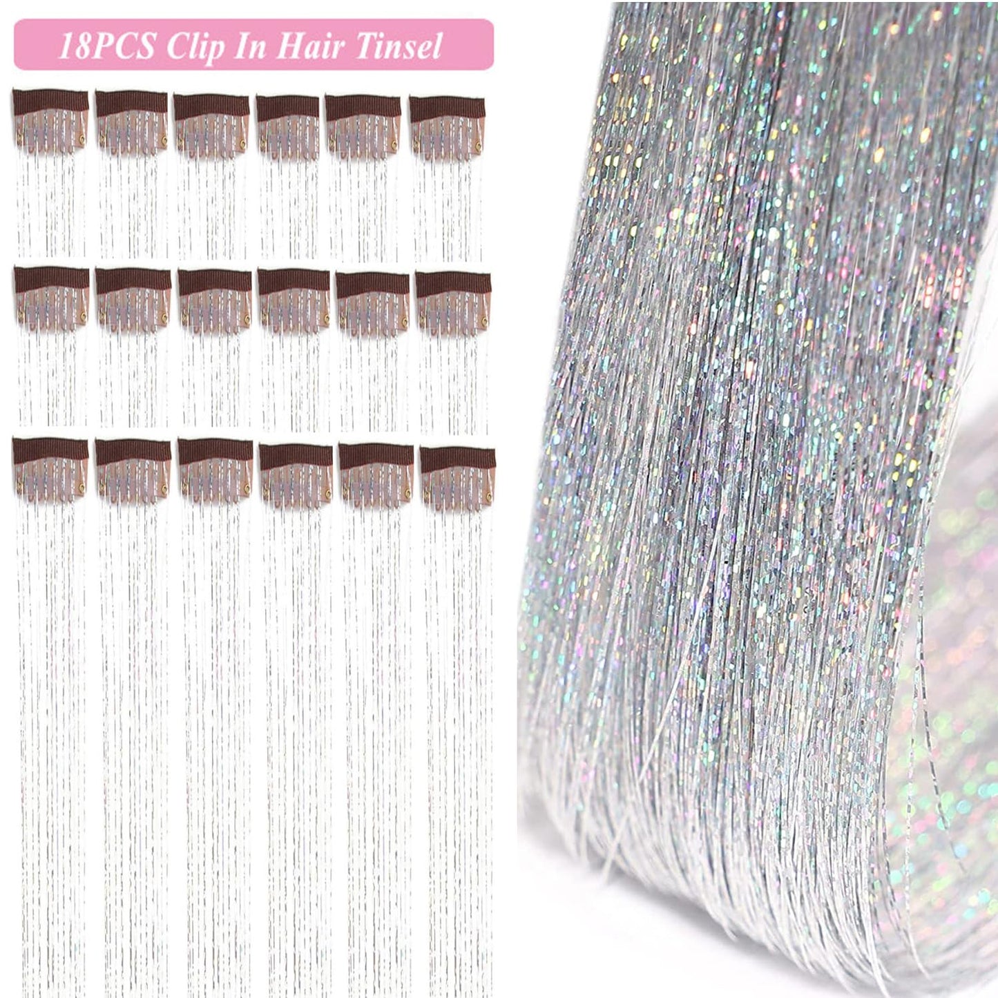ZYXQZYX 19.6Inch Clip in Sparkle Fairy Hair Extensions Kit for Kids, Girls, Women - 18 Pcs Heat Resistant Hair Tinsel Clips (Silver) Beauty and Personal Care ZYXQZYX