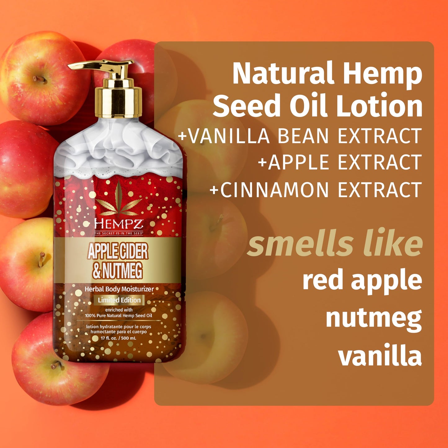 Hempz Limited Edition Apple Cider & Nutmeg Herbal Body Lotion, for men or women, vegan and gluten free, 17 oz