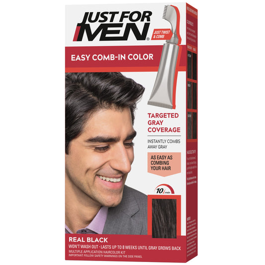 Just For Men Easy Comb-In Color (Formerly Autostop), Gray Hair Coloring for Men with Comb Applicator Included, Easy No Mix Application - Real Black