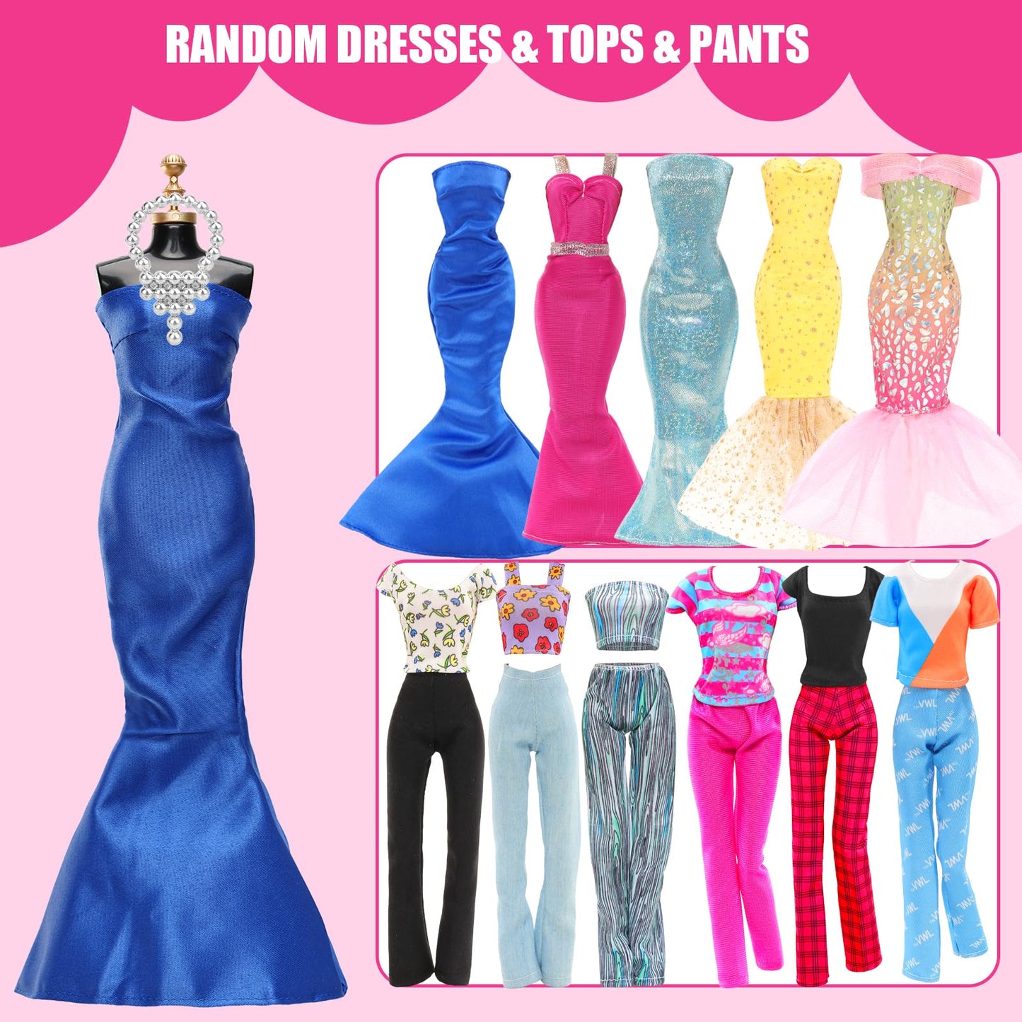 57 PCS Doll Clothes and Accessories 3 Wedding Gowns 3 Tops 3 Pants 3 Fashion Dresses 1 Evening Dresses 2 Swimsuits Bikini 6 Braces Skirt 10 Hangers…
