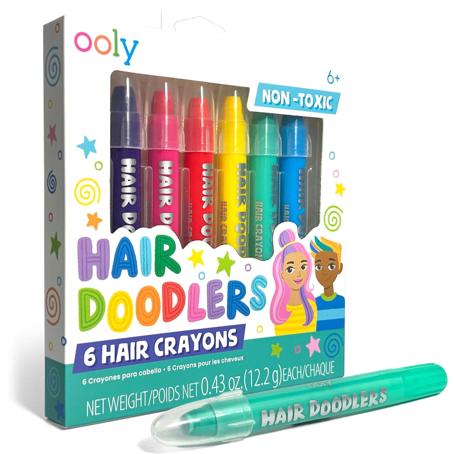OOLY Hair Doodlers Hair Crayons for Kids - Set of 6 Washable Temporary Hair Color Crayons, Quick Drying, Fragrance Free, Ages 6+