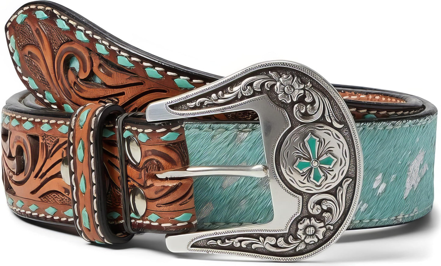 Angel Ranch Women's Tooled Tabs Hair-On Western Belt Turquoise Medium