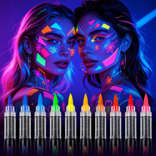 10 Colors Glow in the Dark Body Paint Markers, Neon Face & Body Paint Set, UV Light Reactive Paint for Parties, Halloween, Cosplay, Washable Paint