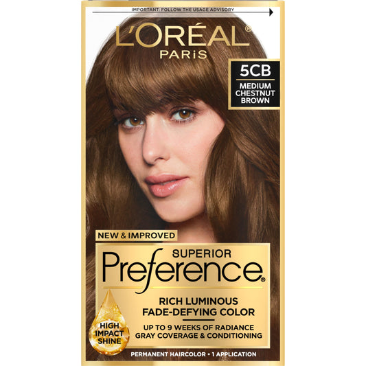 L'Oreal Paris Superior Preference Luminous Fade-Defying Permanent Hair Color, Hair Dye For Up to 9 Weeks of Radiance, Medium Chestnut Brown 5CB, 1