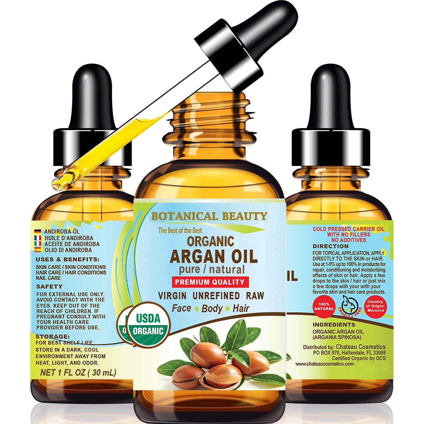 Botanical Beauty Organic ARGAN OIL 100% Pure Natural VIRGIN UNREFINED Cold-Pressed Carrier Oil for Face, Skin, Body, Hair, Lip, Nails. Rich in Vitamin