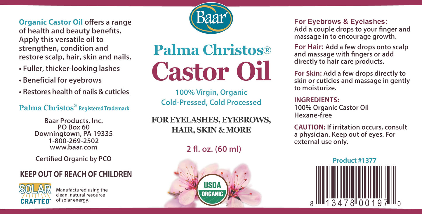 Baar Palma Christos Castor Oil, Organic, 100% Pure, Cold-Pressed, Hexane-Free Products. Helps with Conditions for Hair Growth for Eyebrows, Hair