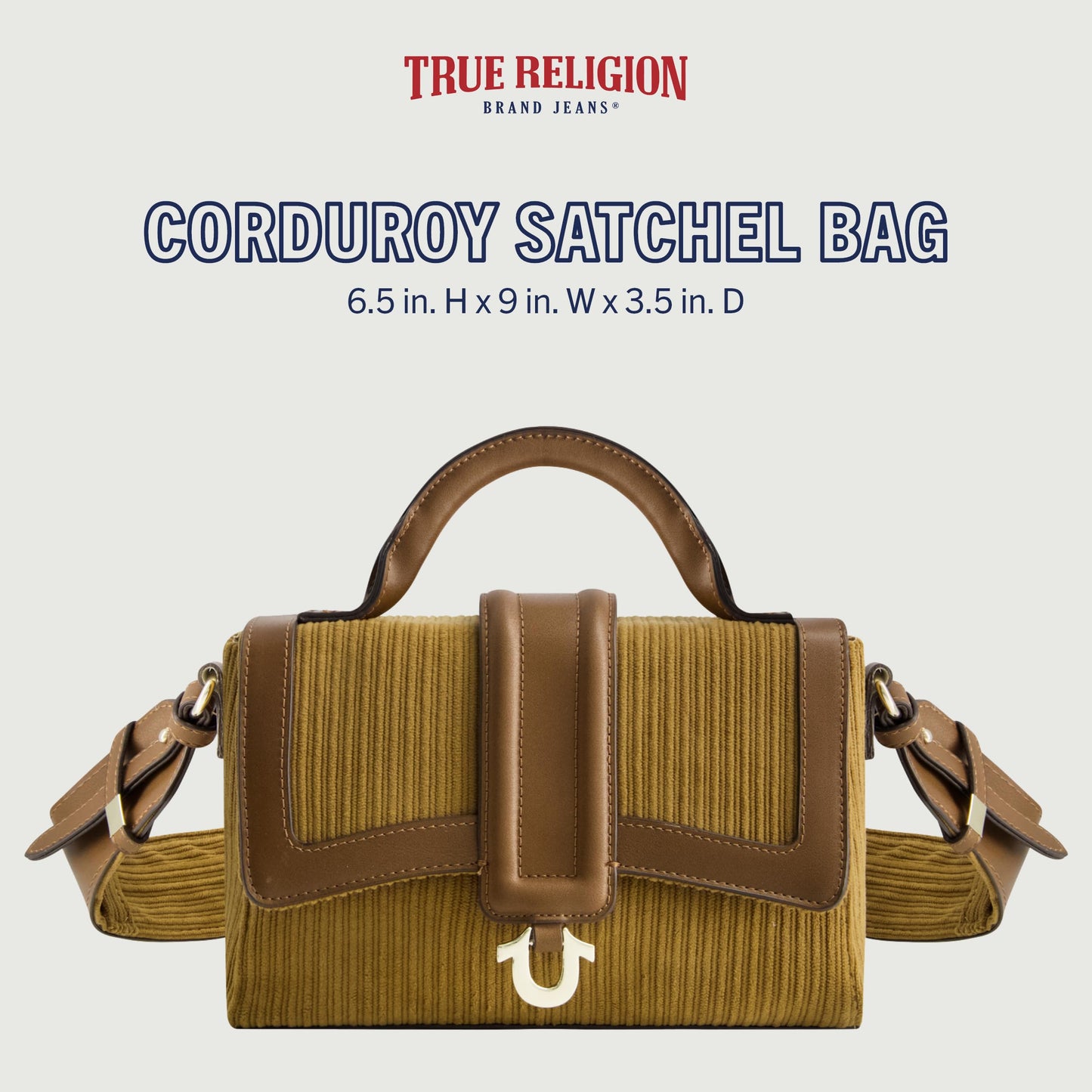 True Religion Women's Satchel Bag Purse, Corduroy Mini Crossbody Travel Handbag with Adjustable Shoulder Strap, Brown