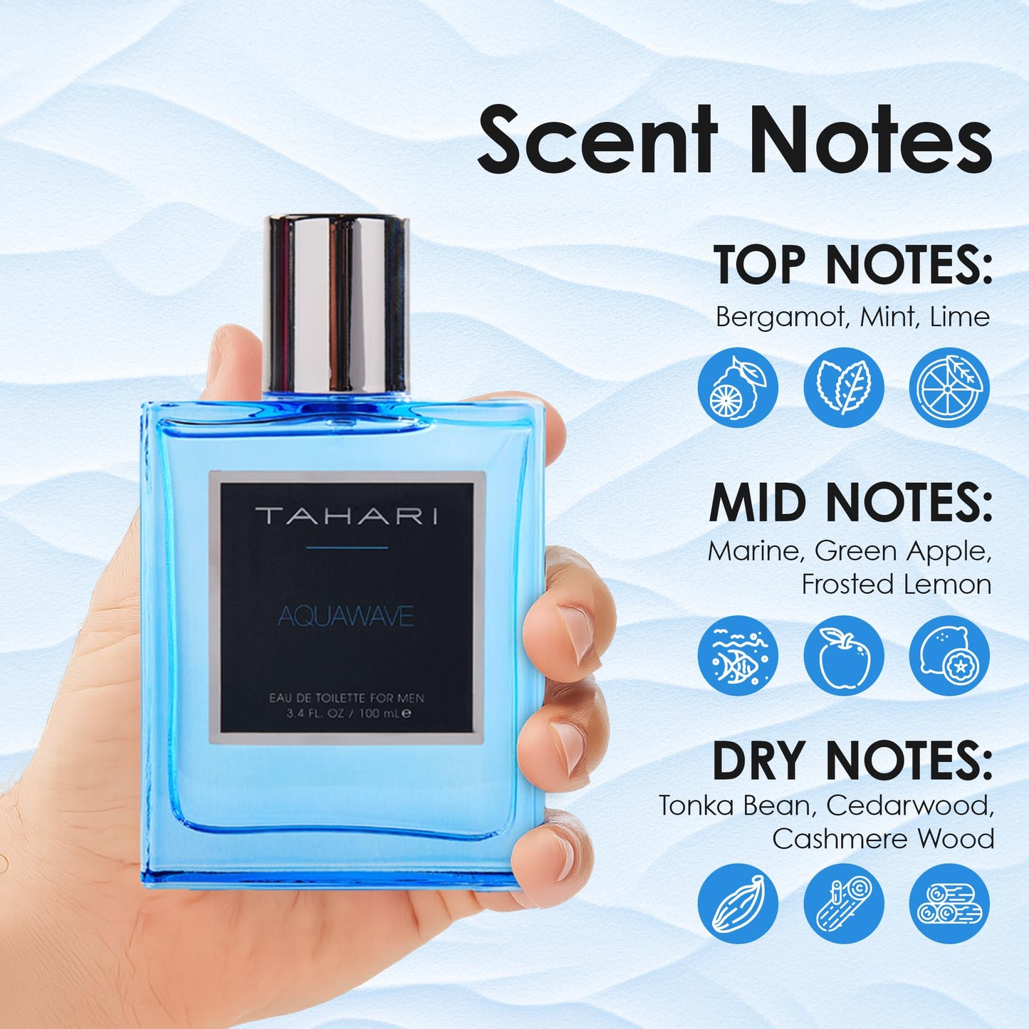 TAHARI Aquawave Eau de Toilette for Men - Long-Lasting Fresh Aquatic Cologne with Bergamot, Marine & Cedarwood - Bold, Clean & Refreshing Men’s