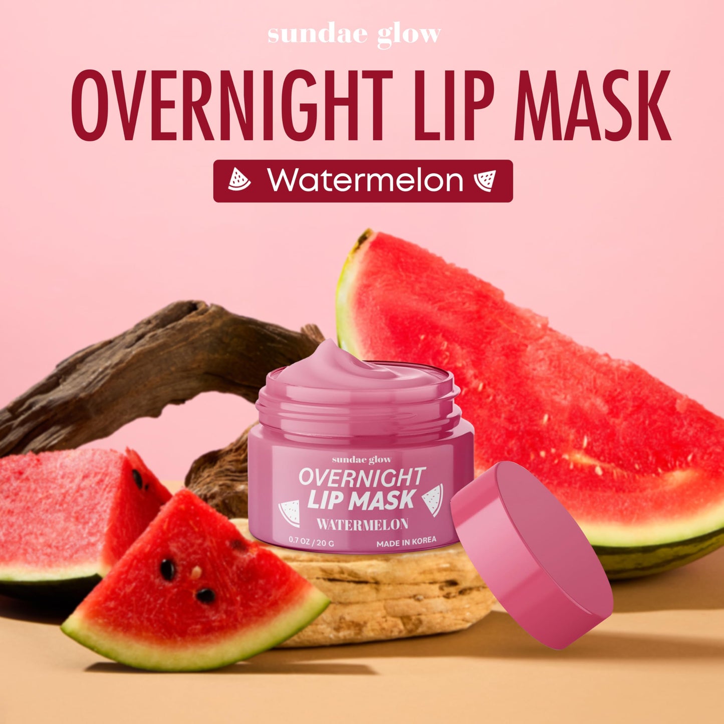 Sundae Glow Lip Mask with Watermelon - Overnight Lip Repair, Intense Hydration & Smoothing - Dermatologist Tested, Korean Skin Care - 95% Natural