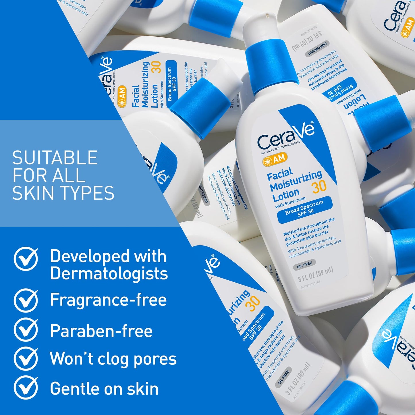 CeraVe AM Facial Moisturizing Lotion with SPF 30, Oil-Free Face Moisturizer with SPF, Formulated with Hyaluronic Acid, Niacinamide & Ceramides