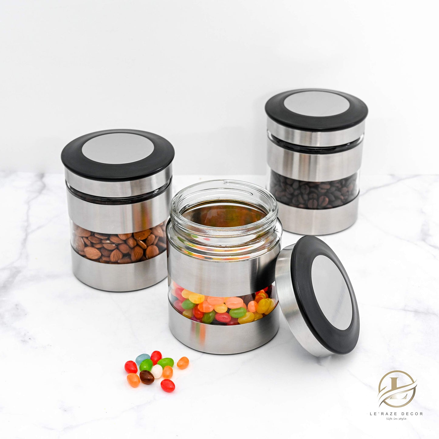 Le'raze Quality Stainless Steel Canister Set of 3 for Kitchen Counter with Glass Window & Airtight Lid - Food Storage Containers with Lids Airtight…