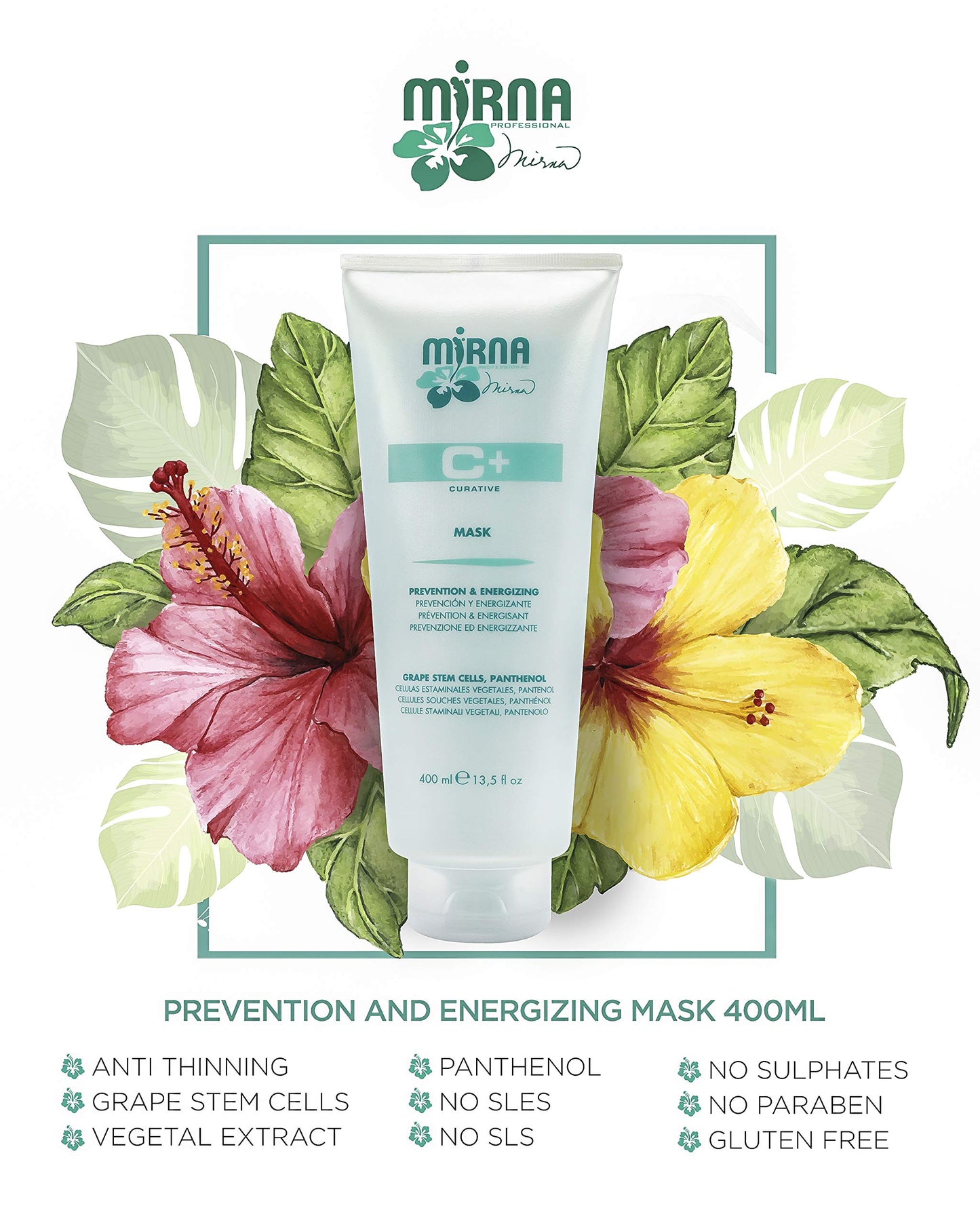 Mirna Professional Prevention & Energizing, Anti Thinning Mask/Deep conditioner For Weak Hair. Infused with Oligo-Elements, Herb extracts, Grape stem cells