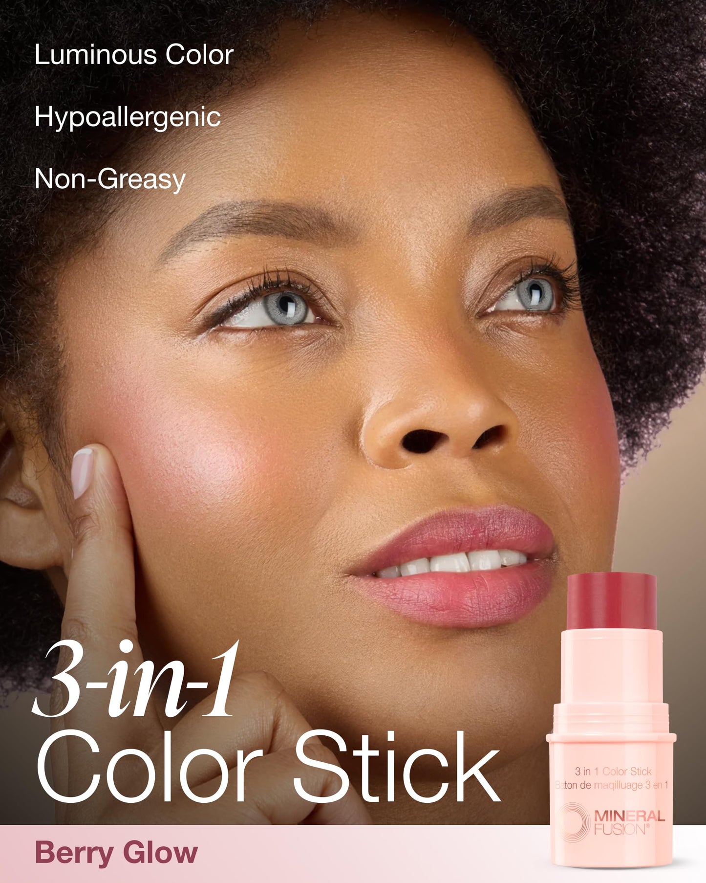 Mineral Fusion 3-in-1 Color Stick - Hydrating Tinted Cream Blush for Cheeks, Lip and Eye - Natural Multi Use Makeup (Berry Glow)