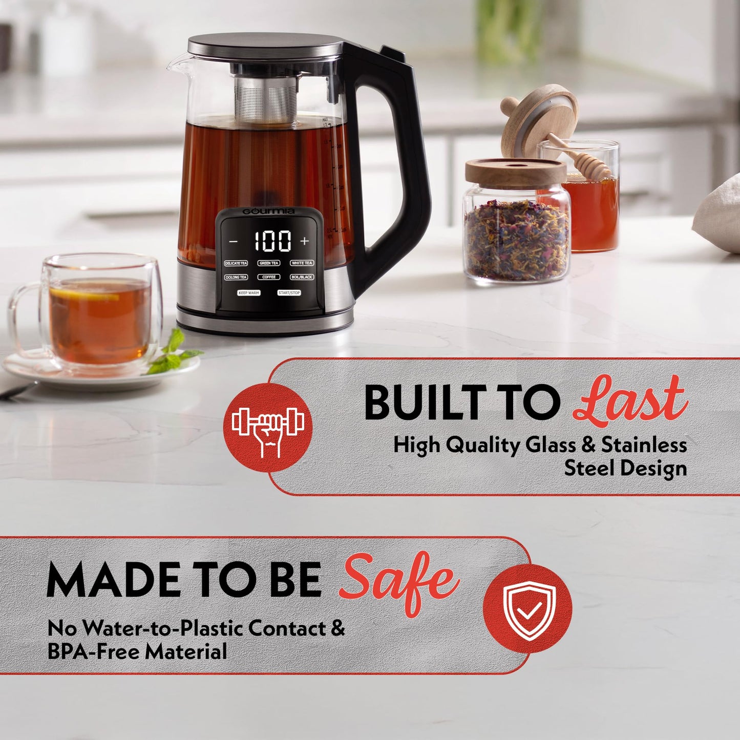 Gourmia Electric Programmable Glass Kettle - 1.7L Temperature Control Tea & Coffee Kettle with Digital Touch Display, 6 Presets, Keep Warm, Removable…