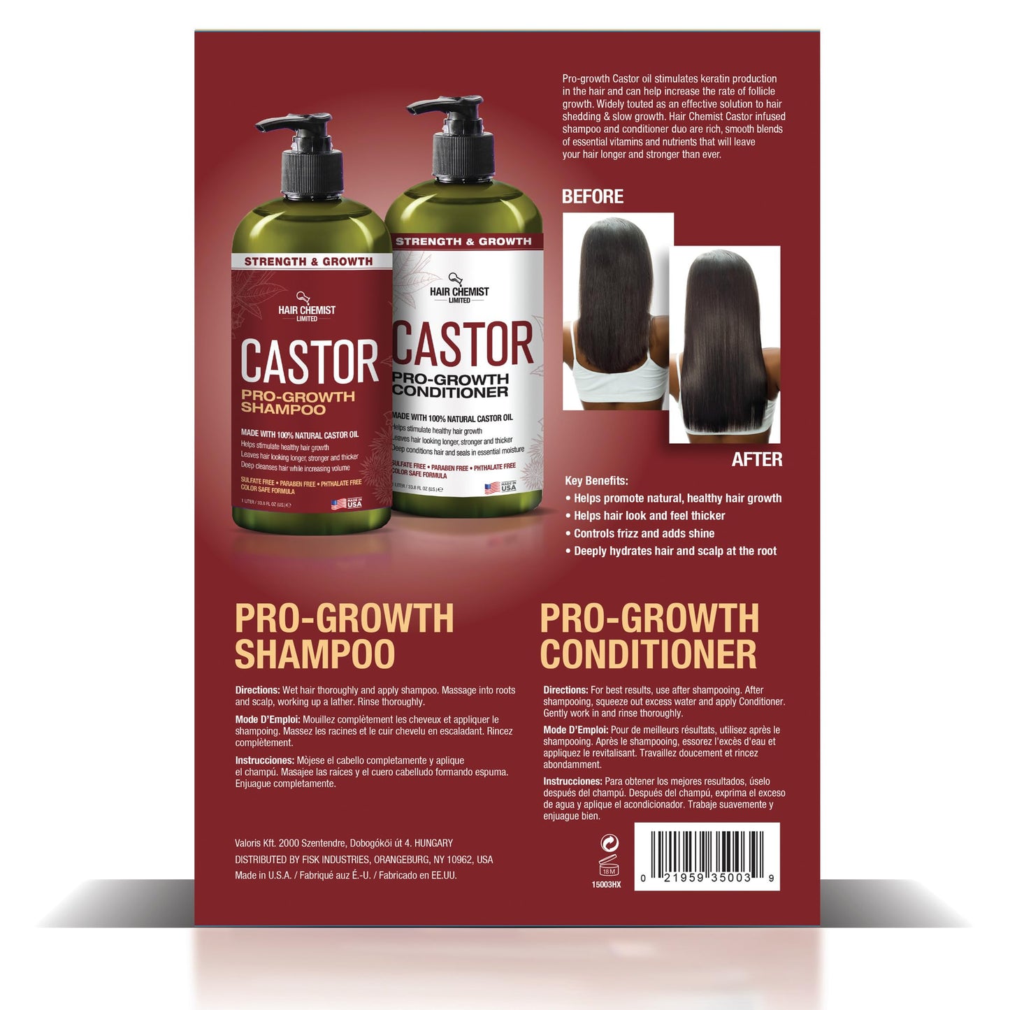 Hair Chemist Castor Pro-Growth Shampoo 33.8 oz. AND Conditioner 33.8 oz. 2-PC Boxed Gift Set - Made with Natural Castor Oil for Hair Growth, Sulfate
