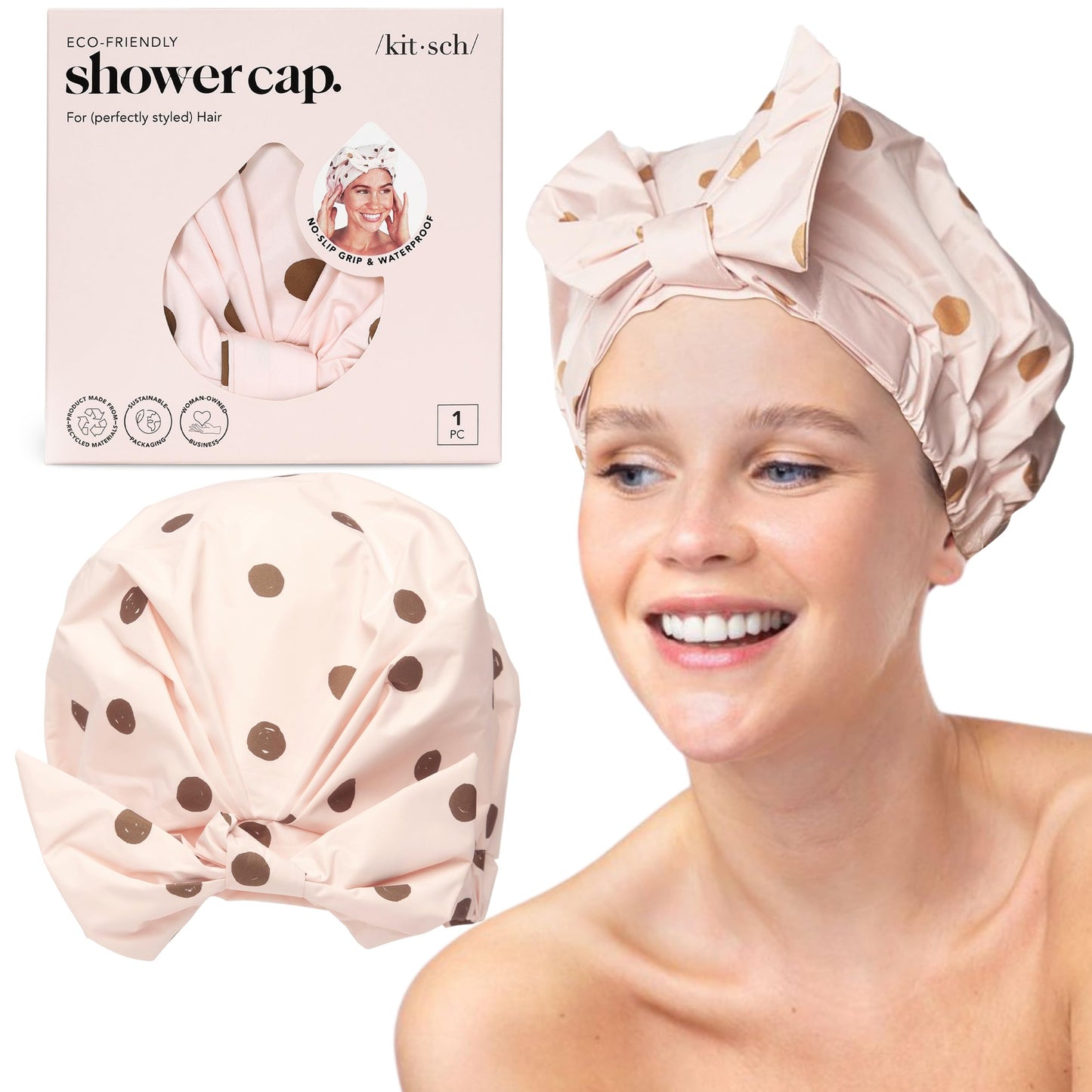 Kitsch Luxury Shower Caps for Women Reusable Waterproof - Large Shower Cap for Women, Non-slip, Quick-dry Hair Cap for Long and Short Hair
