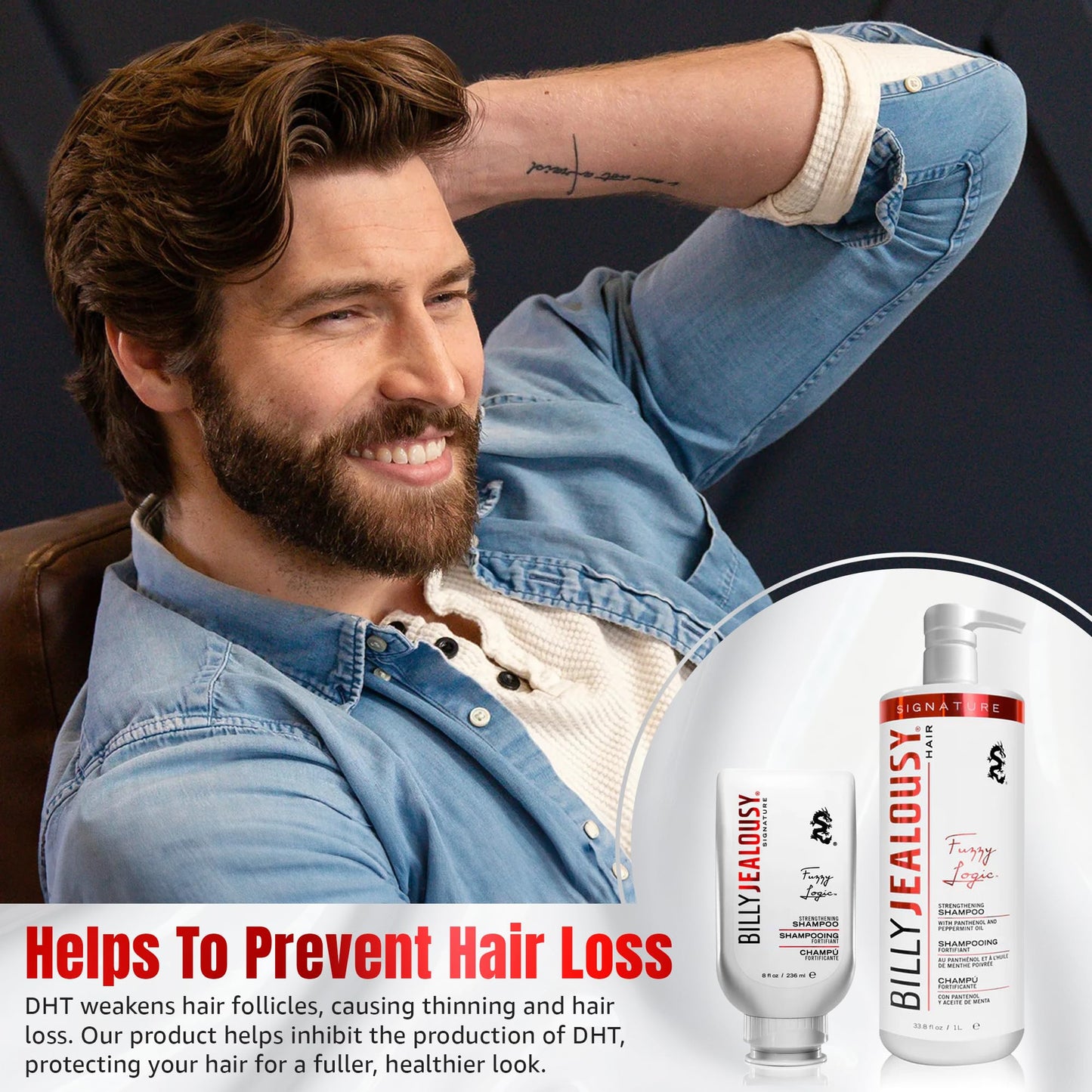 Billy Jealousy Fuzzy Logic Men's Shampoo for Thinning Hair, Peppermint-Infused, With DHT Blockers to Prevent Hair Loss and Breakage, Cleans
