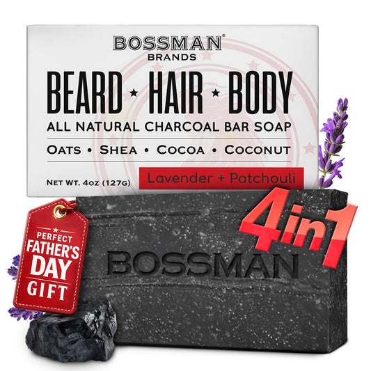 Bossman 4-in-1 Charcoal Soap Bar (4 oz) - Bar Soap for Men - All-Natural Beard Wash, Shampoo, Body Wash & Shaving Solution - Lavender & Patchouli Beauty & Personal Care Bossman