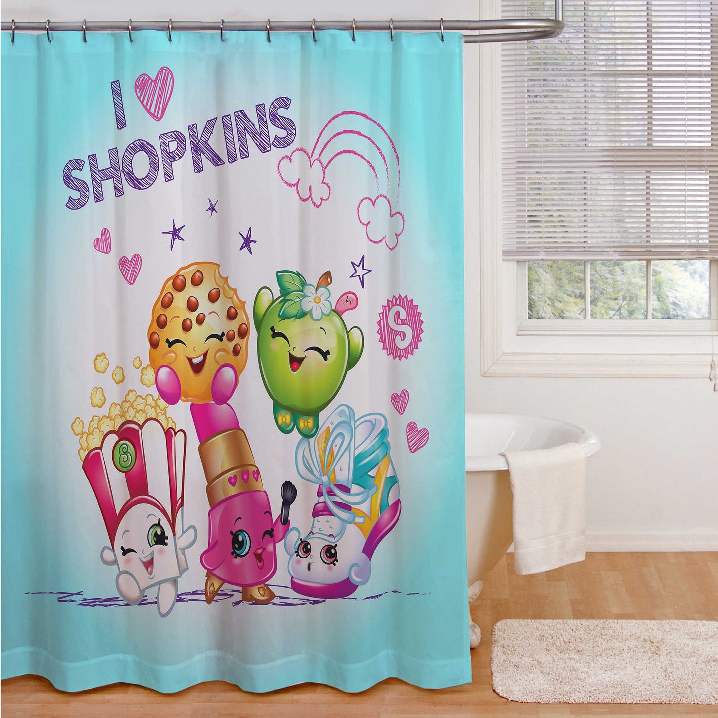 Shopkins "I Love Shopkins" Microfiber Shower Curtain - 72" by 72" - Apple Blossom, Poppy Corn, Lippy Lips, Kooky Cookie and Sneaky Wedge