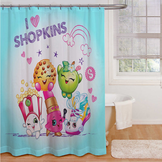 Shopkins "I Love Shopkins" Microfiber Shower Curtain - 72" by 72" - Apple Blossom, Poppy Corn, Lippy Lips, Kooky Cookie and Sneaky Wedge
