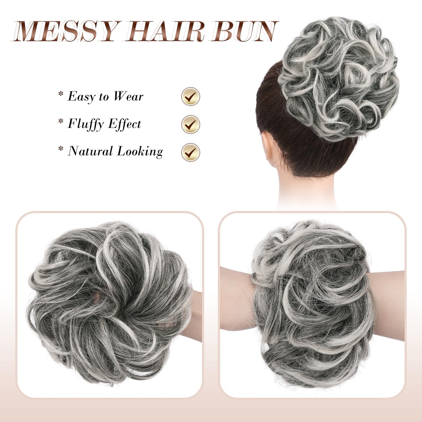 FESHFEN Large Messy Bun Hair Piece - Wavy Synthetic Chignon Scrunchies Elastic Ponytail Hair Extensions Thick Hairpieces for Women, Black Gray Beauty and Personal Care FESHFEN