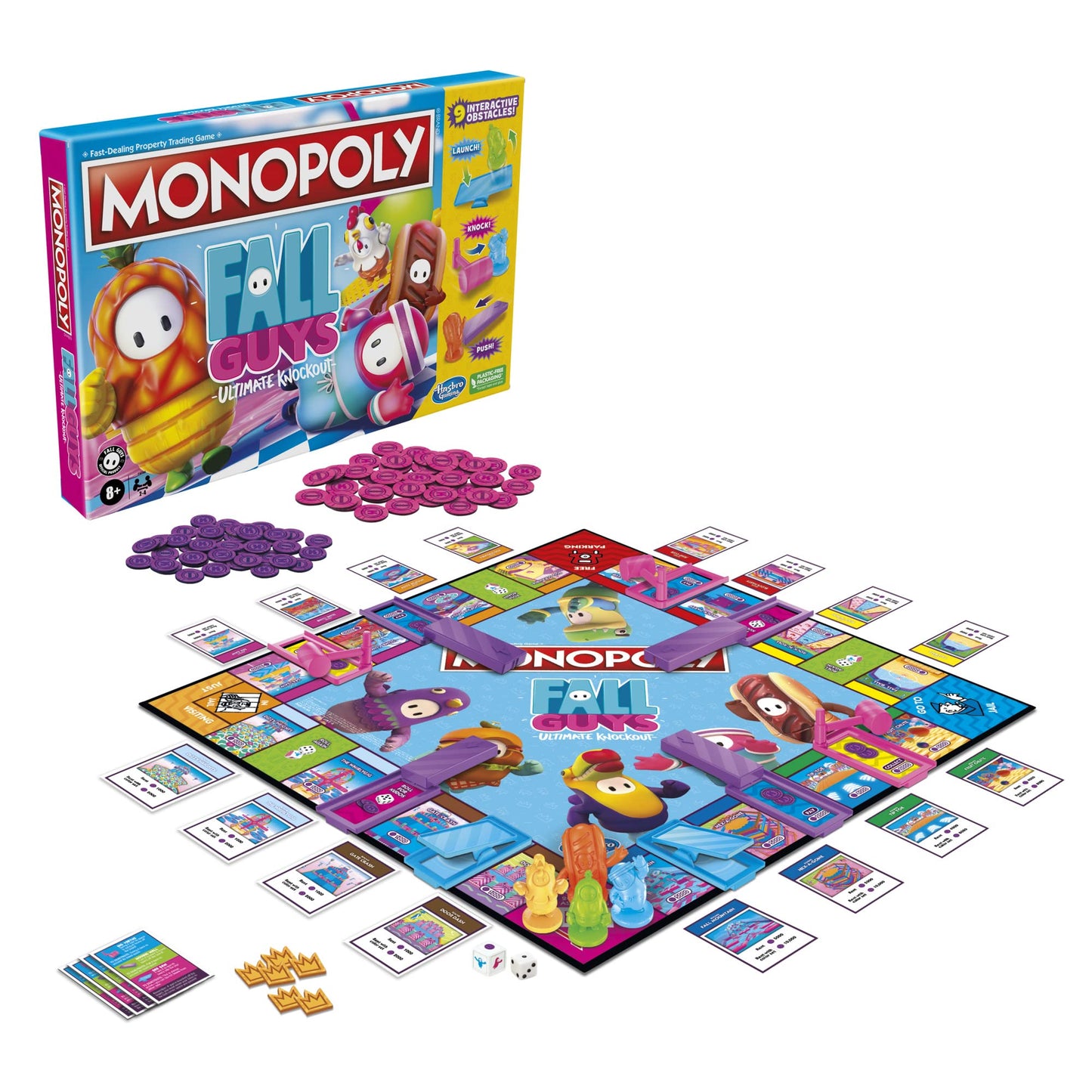 Monopoly Fall Guys Ultimate Knockout Edition Board Game for Players Ages 8 and Up, Dodge Interactive Obstacles, Includes Knockout Die