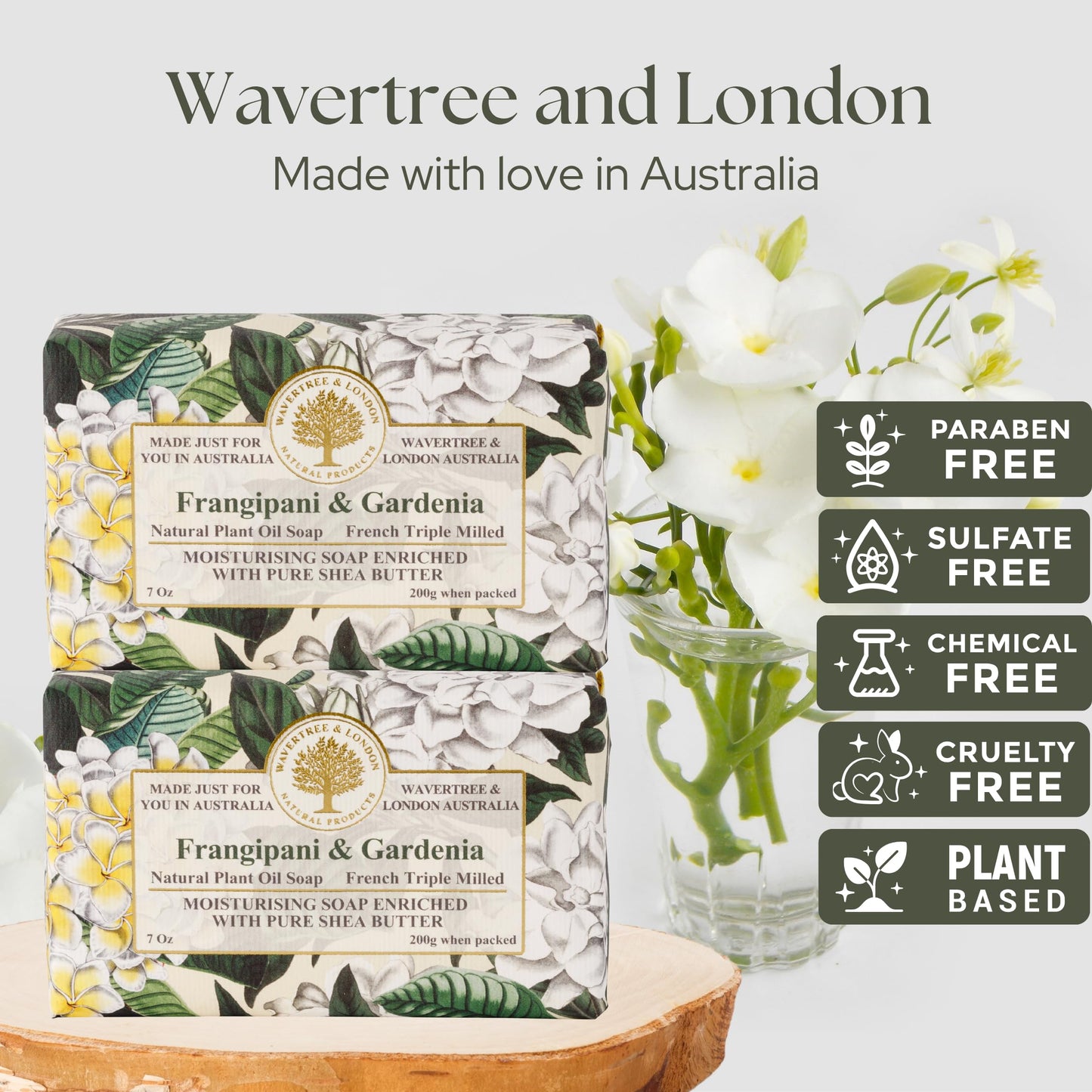 Wavertree & London Frangipani Gardenia Scented Natural Soap (2 Bars), 7oz Moisturizing French Triple Milled Soap Bars enriched with shea butter - Pure