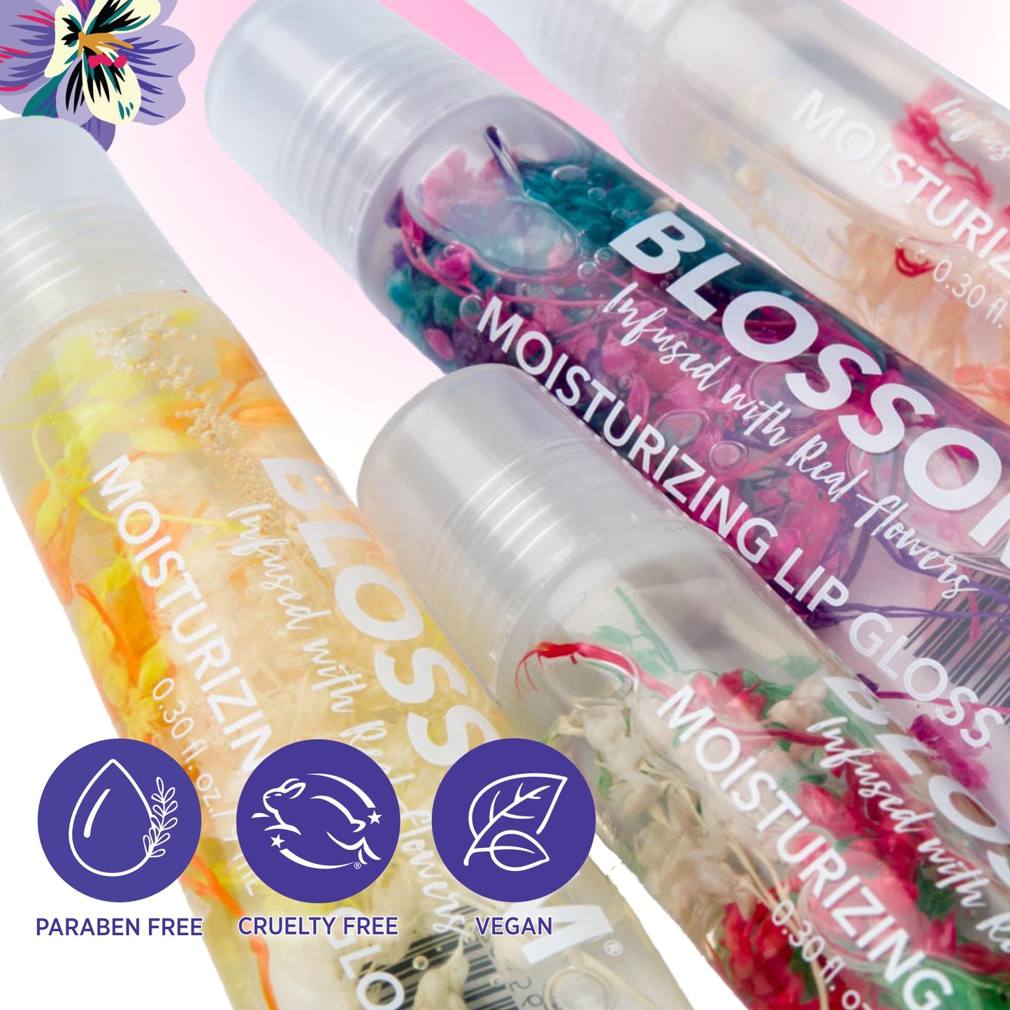 Blossom Lip Gloss Tubes, Strawberry Scented Thick Clear High Shine Moisturizing Flower Lip Gel with Nourishing Jojoba Seed Oil, Infused with Real