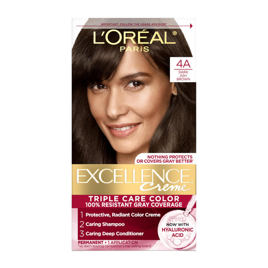 L'Oreal Paris Excellence Crème Permanent Hair Dye, Triple Care Hair Color with Hyaluronic Acid for 100% Gray Coverage, 4A Dark Ash Brown, 1 Kit