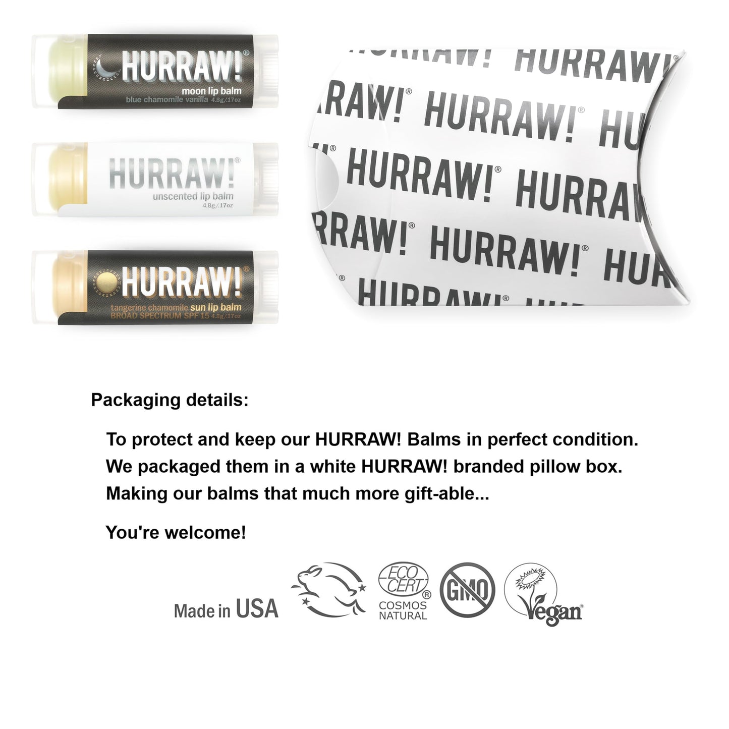 Hurraw! Moon Night Treatment, Unscented, Sun (Zinc Oxide SPF15) Lip Balms, 3 Pack Bundle: Organic, Certified Vegan, Cruelty & Gluten Free. Non-GMO