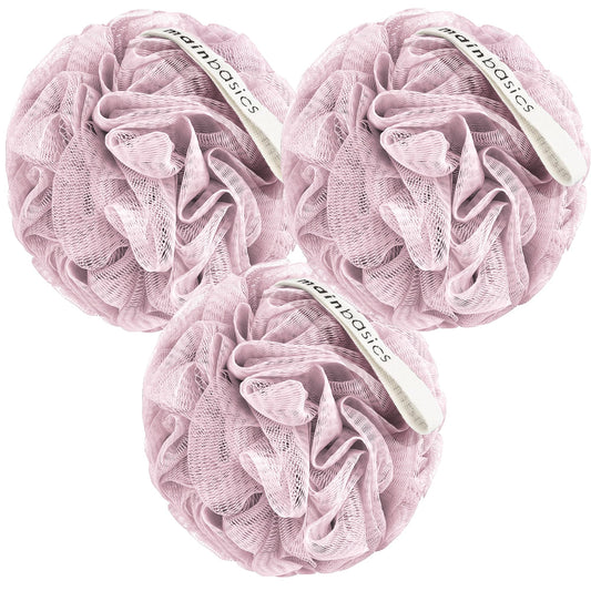 MainBasics Bath Shower Loofah Sponge Pouf Body Scrubber Exfoliator Body Wash Sponge (Set of 3, Perfectly Pink)