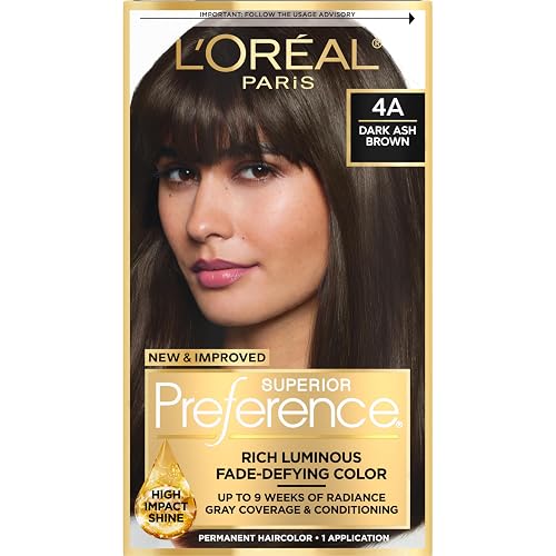 L'Oreal Paris Superior Preference Luminous Fade-Defying Permanent Hair Color, Hair Dye For Up to 9 Weeks of Radiance, Dark Ash Brown 4A, 1 Hair Dye