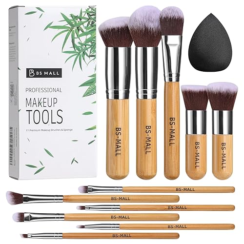 BS-MALL Makeup Brush Set 11Pcs Bamboo Synthetic Kabuki Brush Set Foundation Powder Blending Concealer Eye shadows Blush Cosmetics Brushes