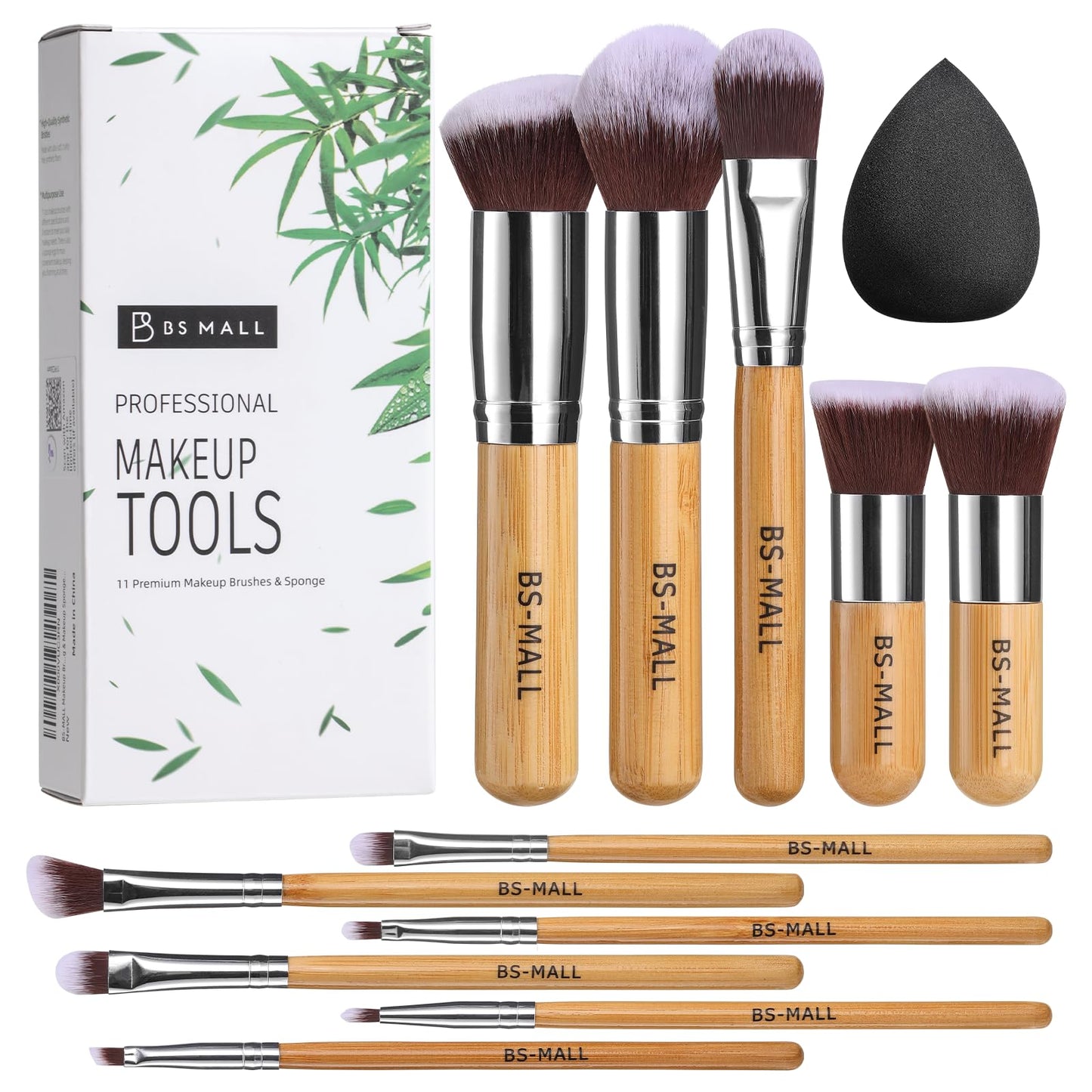BS-MALL Makeup Brush Set 11Pcs Bamboo Synthetic Kabuki Brush Set Foundation Powder Blending Concealer Eye shadows Blush Cosmetics Brushes