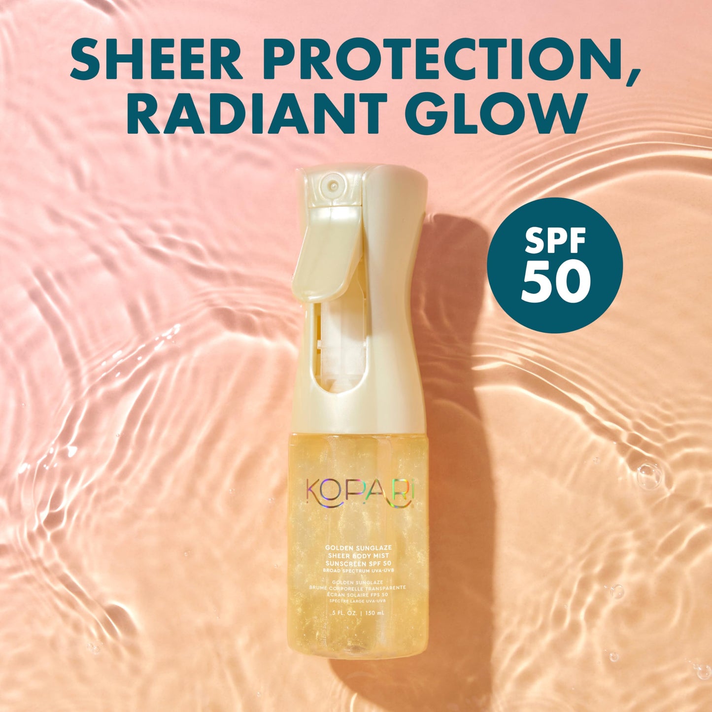 Kopari Golden Sunglaze Sheer Body Mist Sunscreen SPF 50, Infused with Shimmering Body Oil, Hydrating Mist, Hydrates, Brightens, Gives Skin a Glowy