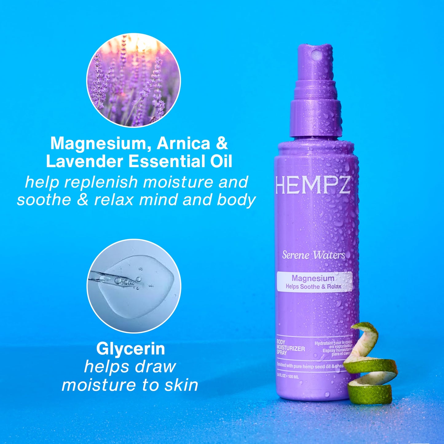 Hempz Magnesium Body Spray, Serene Waters, Soothing and Hydrating Moisturizer Mist with Arnica, Travel Friendly, 3.4 fl.oz.